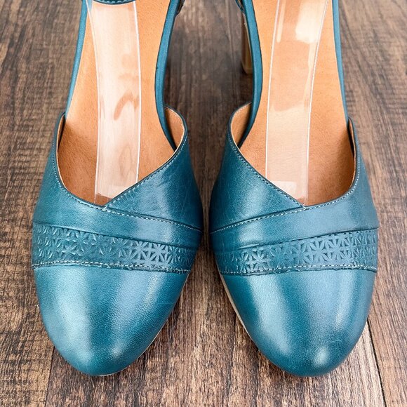 Miz Mooz Jay Mary Jane Pump Heel Embossed Leather Retro Size 9.5 EU 40.5 in Teal - Picture 4 of 16